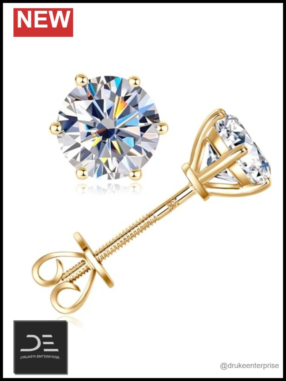 Solid 10K Yellow Gold Moissanite Stud Earrings 2ct Screw Back